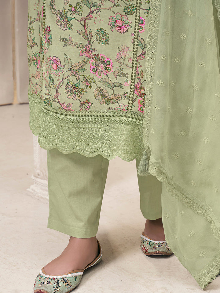 Pista Green Linen Fabric with Floral Printed and Schiffli work Kurta Suit Set - qivii