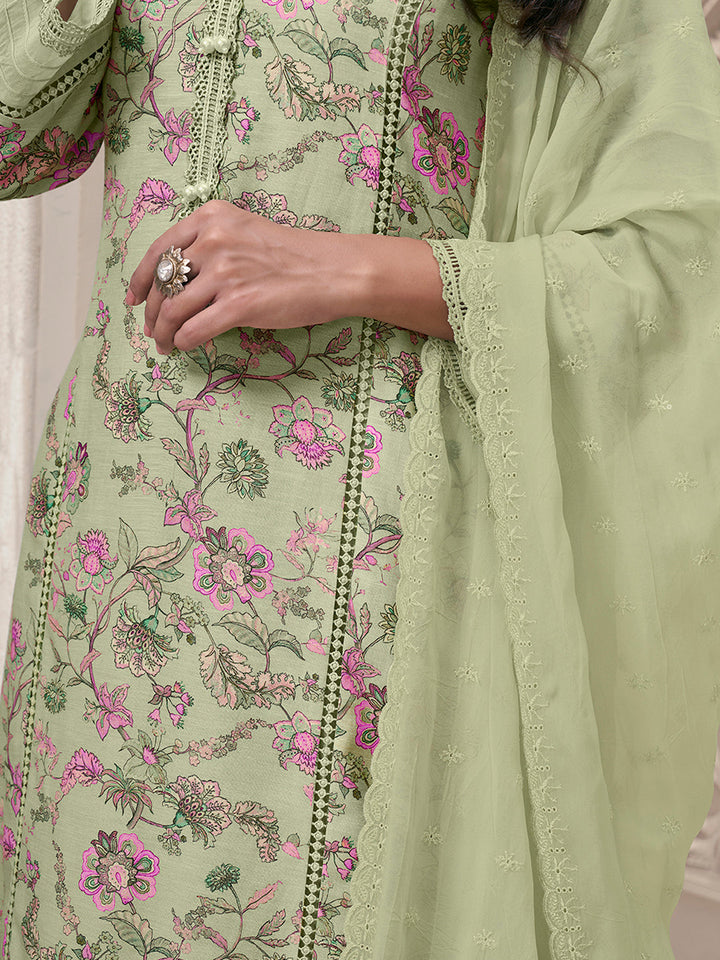 Pista Green Linen Fabric with Floral Printed and Schiffli work Kurta Suit Set - qivii