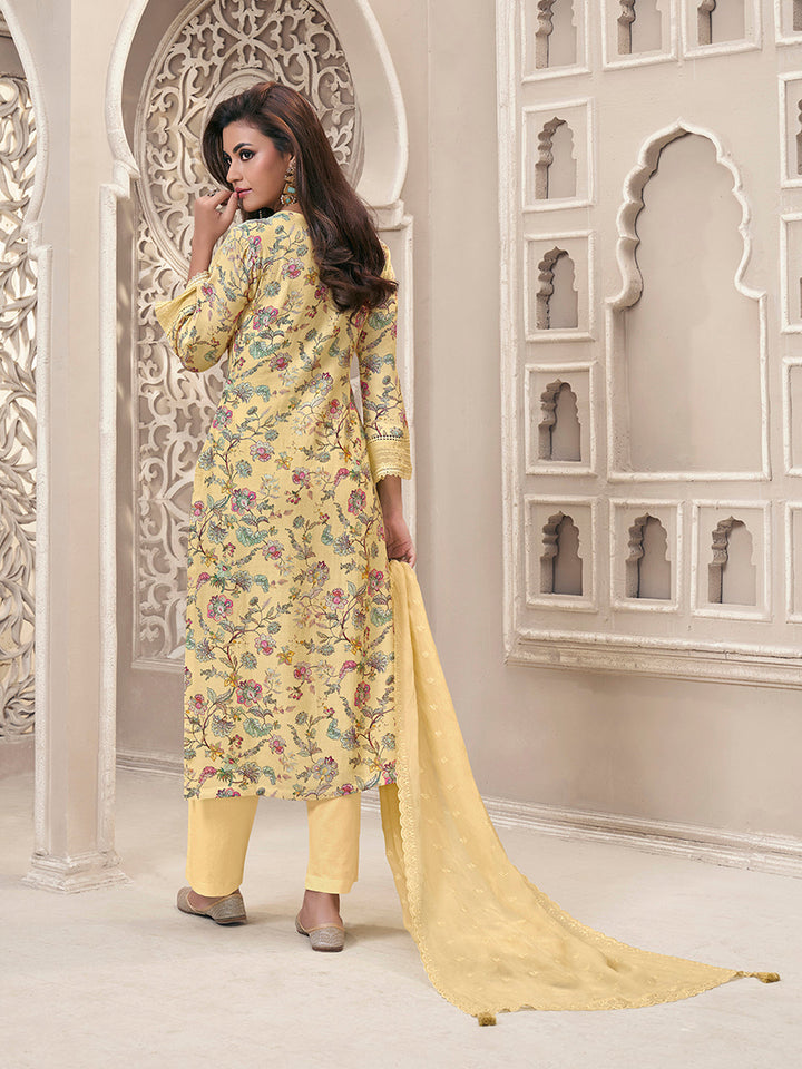 Yellow Linen Fabric with Floral Printed and Schiffli work Kurta Suit Set - qivii