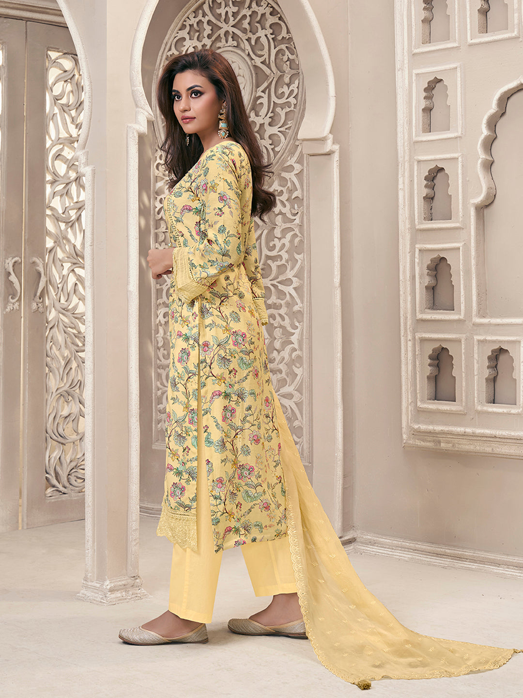 Yellow Linen Fabric with Floral Printed and Schiffli work Kurta Suit Set - qivii