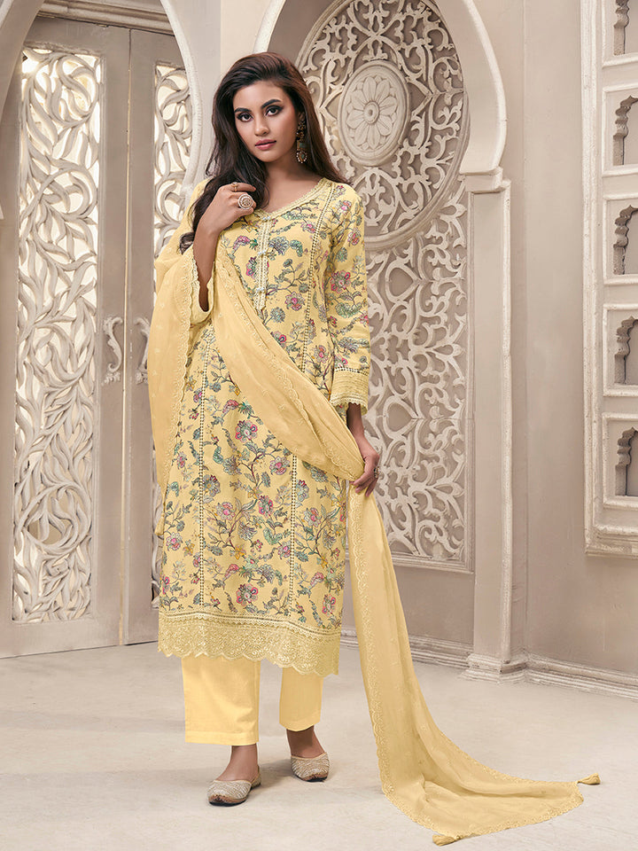 Yellow Linen Fabric with Floral Printed and Schiffli work Kurta Suit Set - qivii