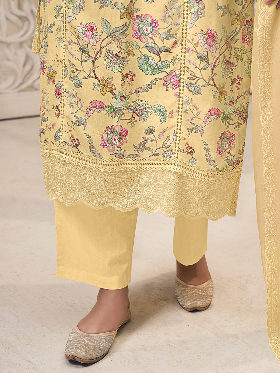 Yellow Linen Fabric with Floral Printed and Schiffli work Kurta Suit Set - qivii