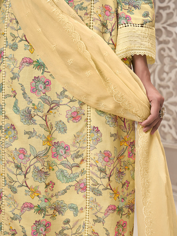 Yellow Linen Fabric with Floral Printed and Schiffli work Kurta Suit Set - qivii
