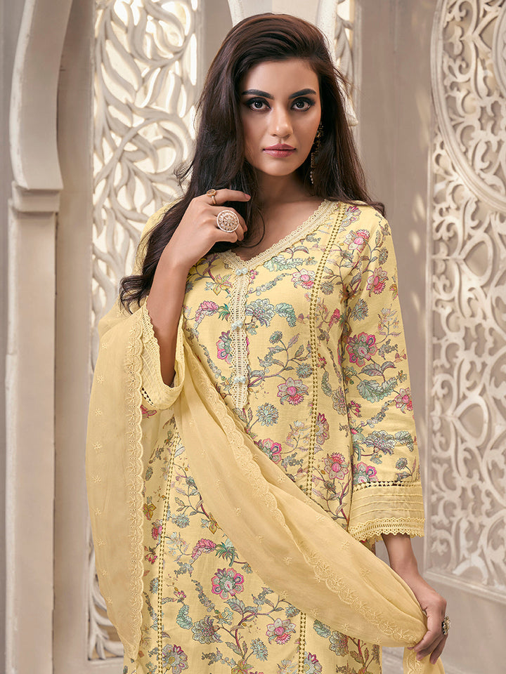 Yellow Linen Fabric with Floral Printed and Schiffli work Kurta Suit Set - qivii