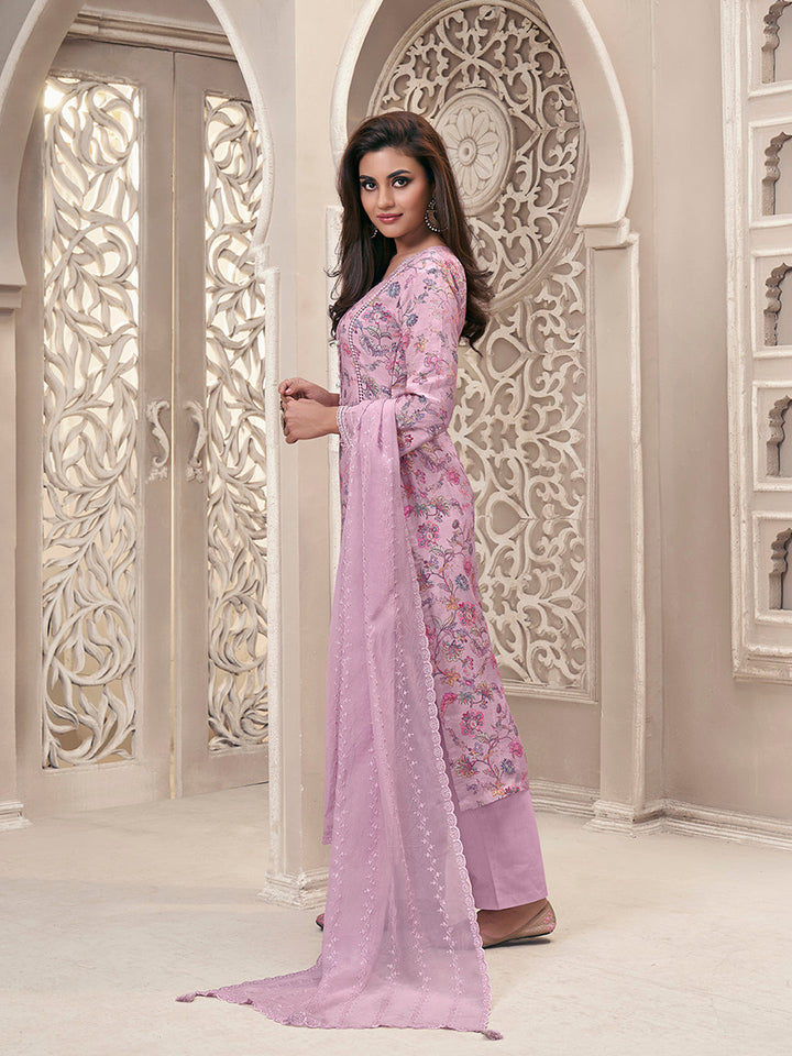 Baby Pink Kurta Set in Linen Floral Printed with Schiffli Work - qivii