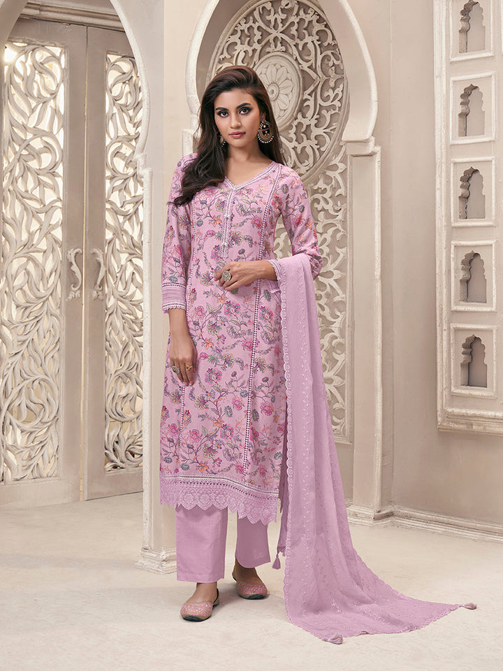 Baby Pink Kurta Set in Linen Floral Printed with Schiffli Work - qivii