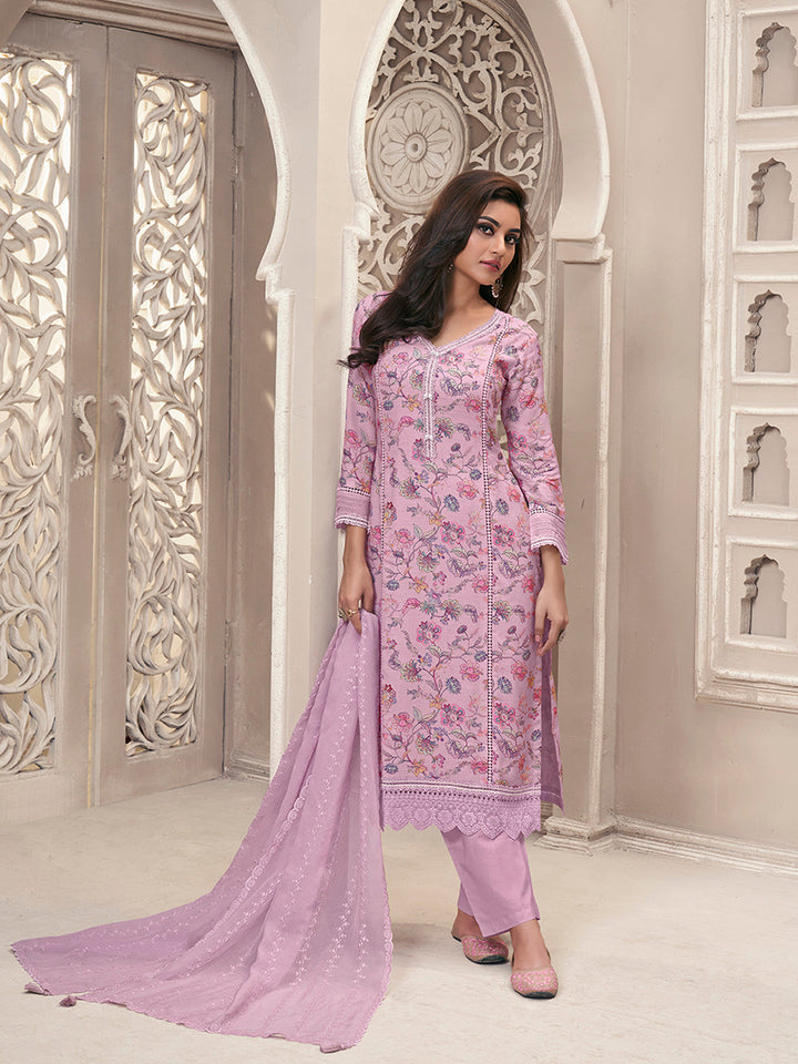 Baby Pink Kurta Set in Linen Floral Printed with Schiffli Work - qivii