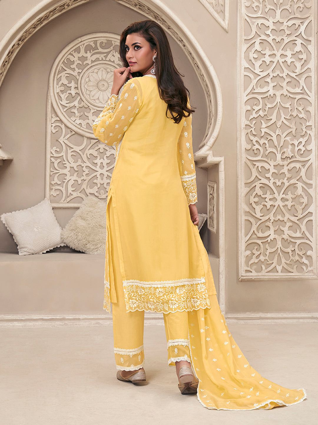 Light Yellow Kurta Set Suit in Organza with Schiffli Work - qivii