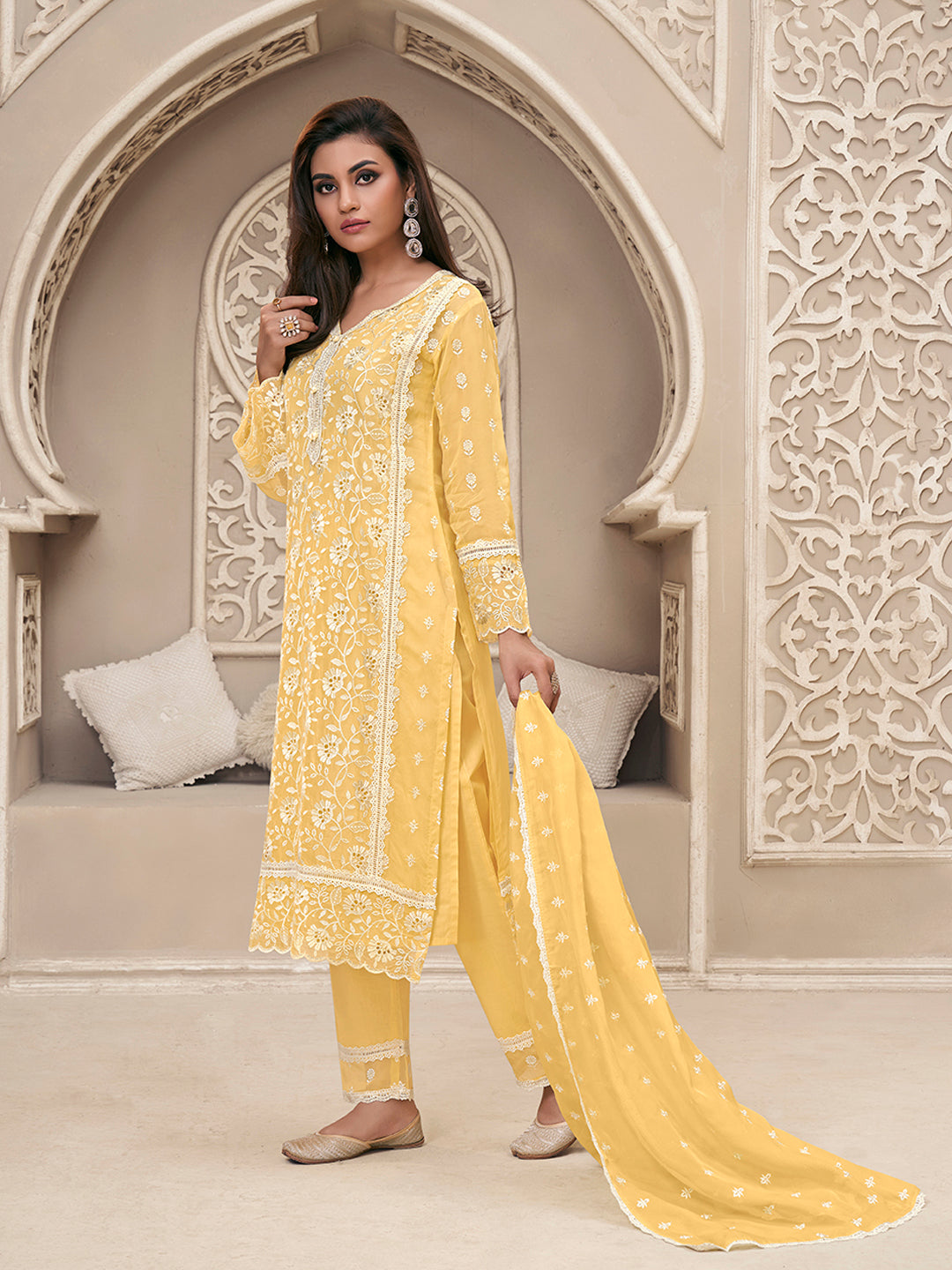 Light Yellow Kurta Set Suit in Organza with Schiffli Work - qivii