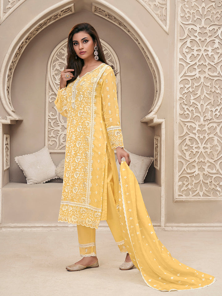 Light Yellow Kurta Set Suit in Organza with Schiffli Work - qivii