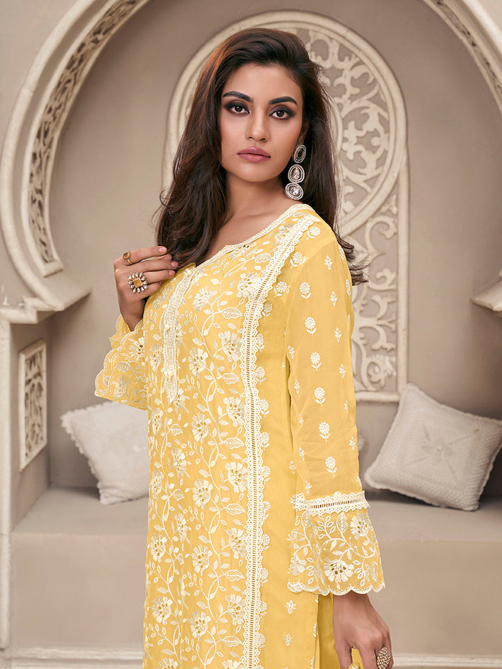 Light Yellow Kurta Set Suit in Organza with Schiffli Work - qivii