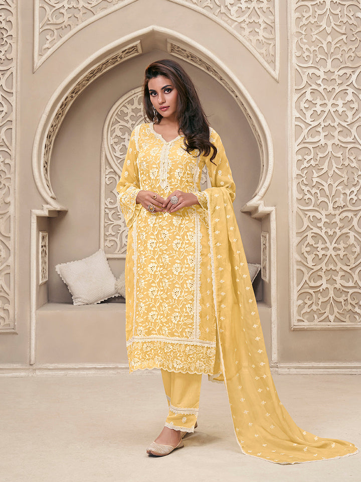 Light Yellow Kurta Set Suit in Organza with Schiffli Work - qivii