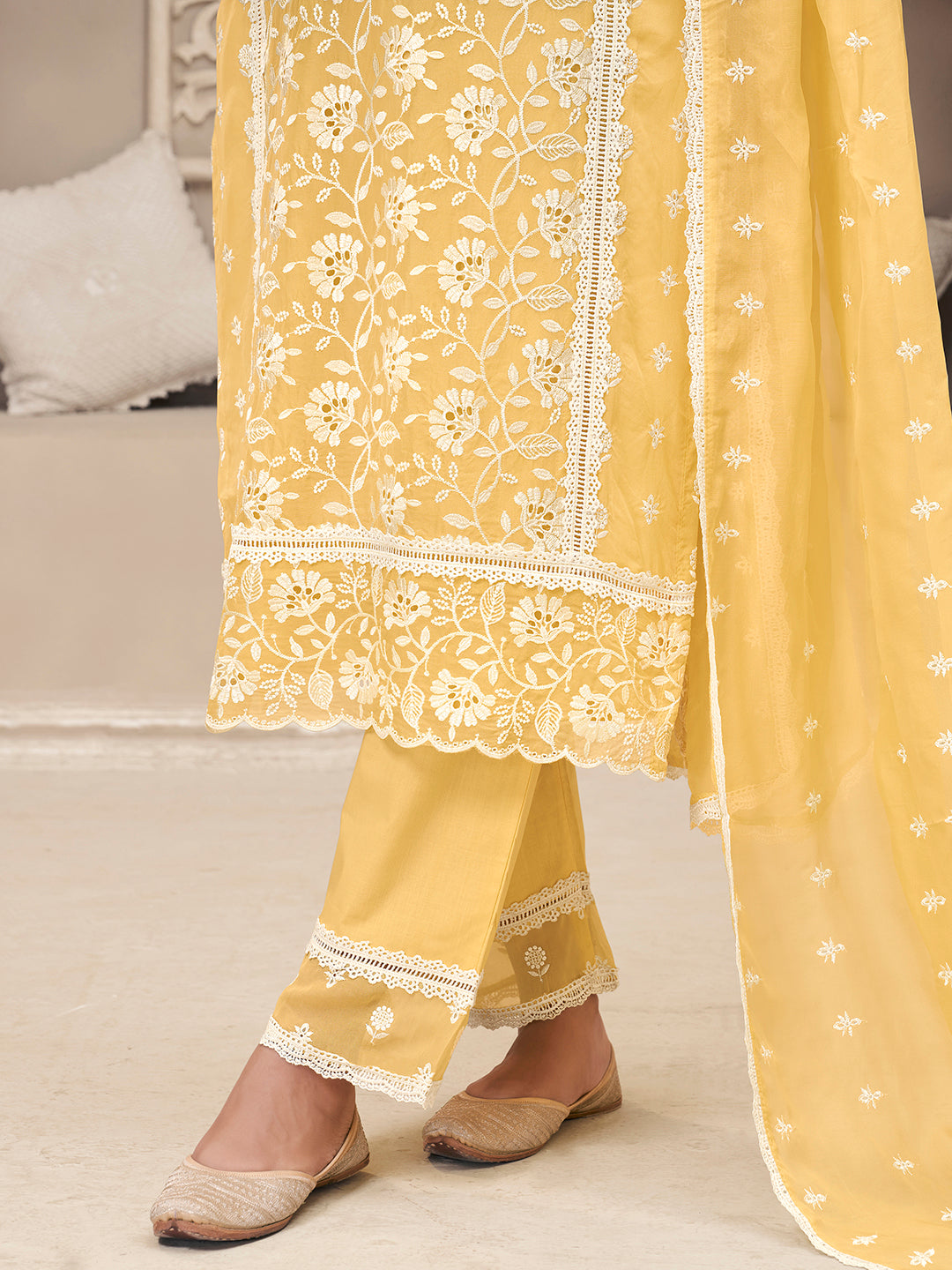 Light Yellow Kurta Set Suit in Organza with Schiffli Work - qivii