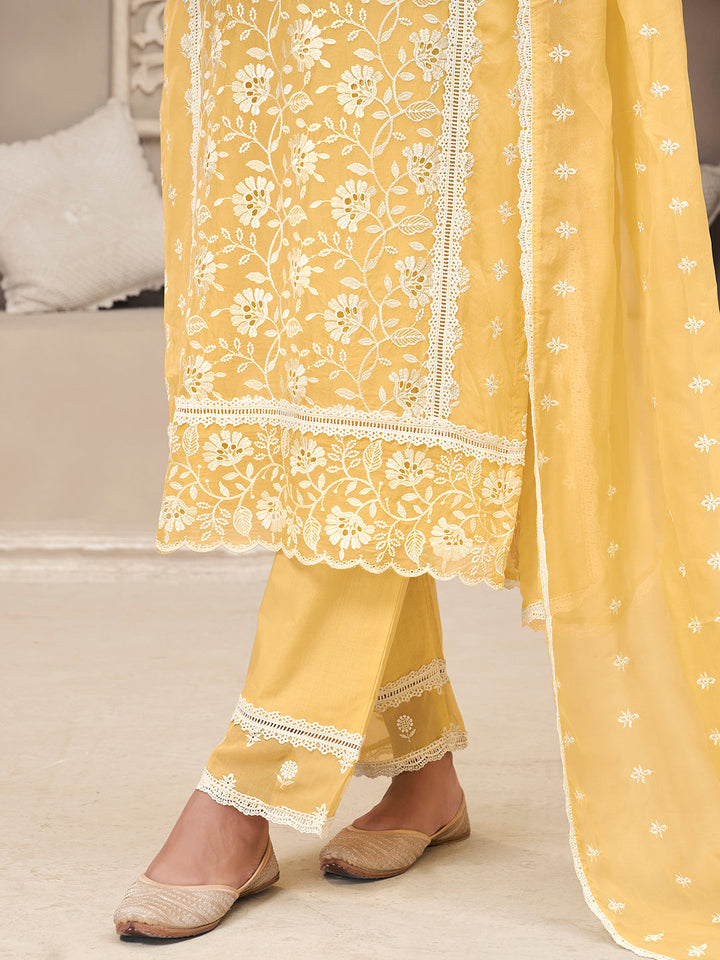 Light Yellow Kurta Set Suit in Organza with Schiffli Work - qivii
