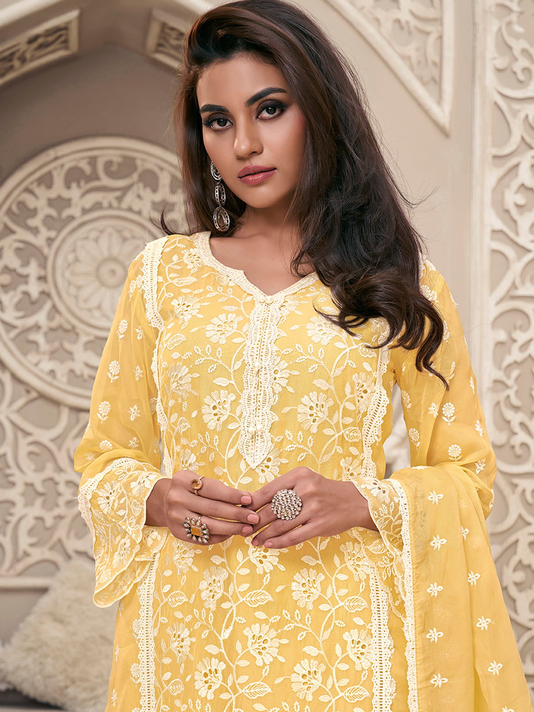 Light Yellow Kurta Set Suit in Organza with Schiffli Work - qivii