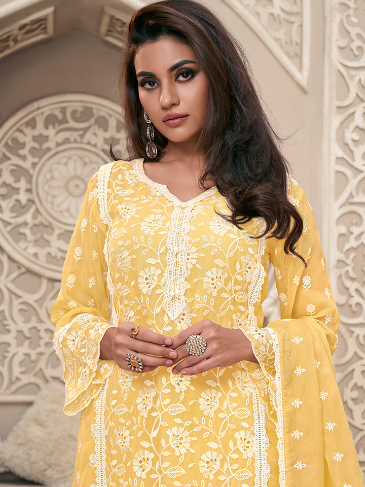 Light Yellow Kurta Set Suit in Organza with Schiffli Work - qivii