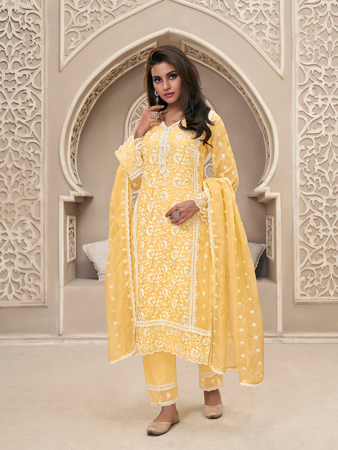 Light Yellow Kurta Set Suit in Organza with Schiffli Work - qivii