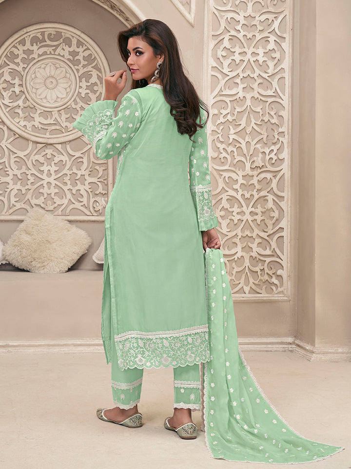 Mint Green Kurta Set in Organza Fabric with Schiffli Work - qivii