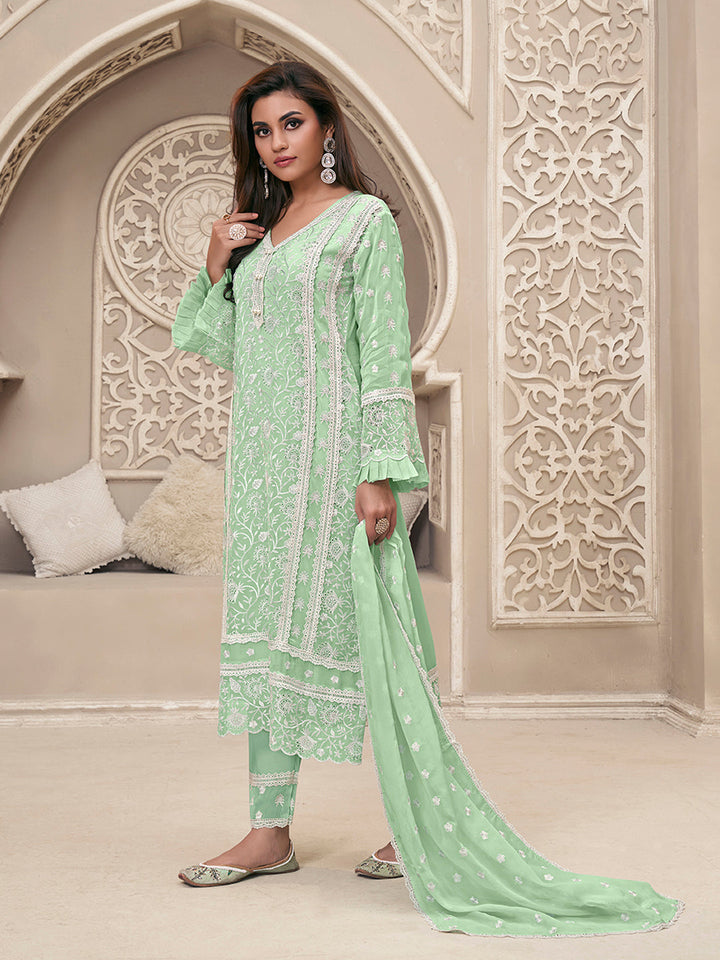 Mint Green Kurta Set in Organza Fabric with Schiffli Work - qivii