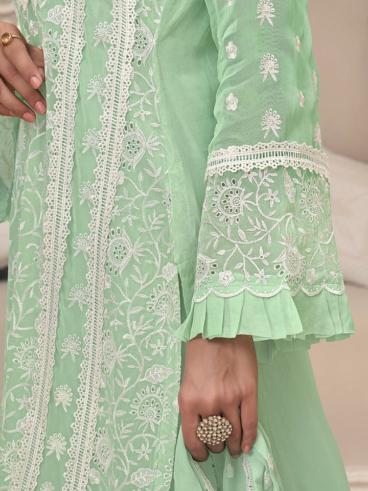 Mint Green Kurta Set in Organza Fabric with Schiffli Work - qivii