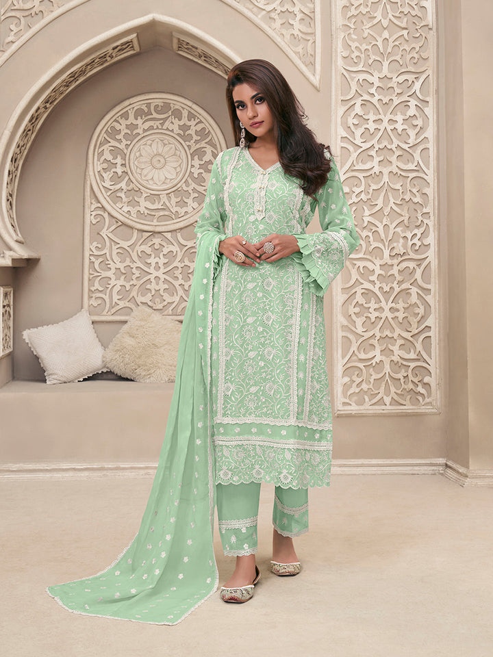 Mint Green Kurta Set in Organza Fabric with Schiffli Work - qivii