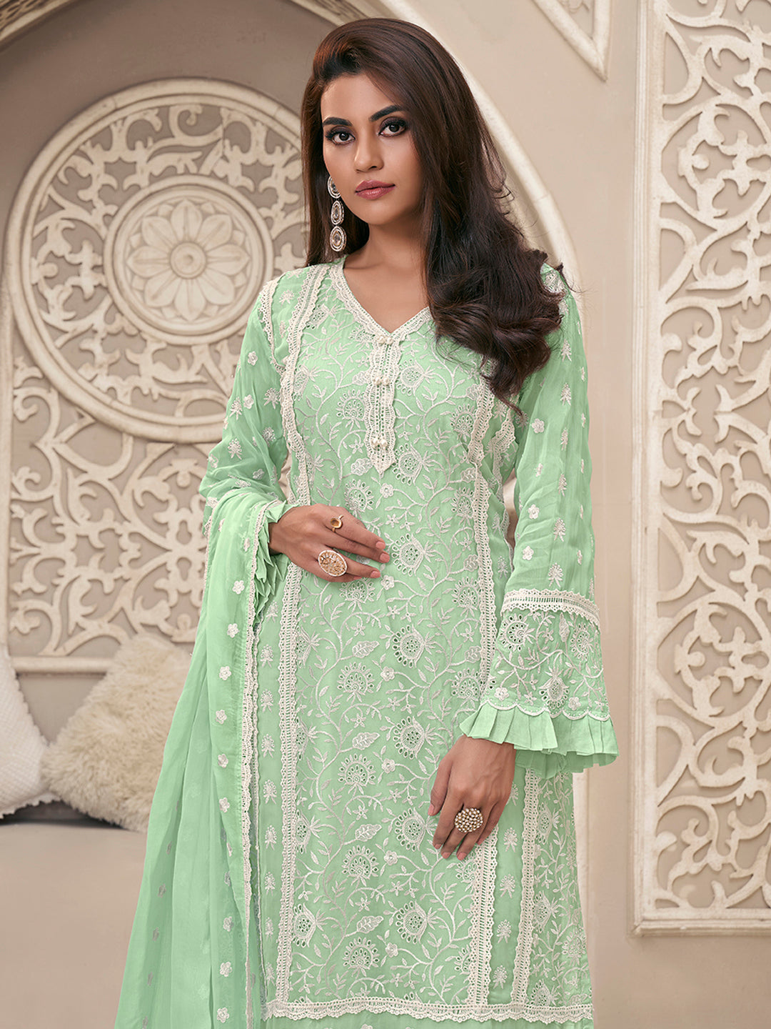 Mint Green Kurta Set in Organza Fabric with Schiffli Work - qivii
