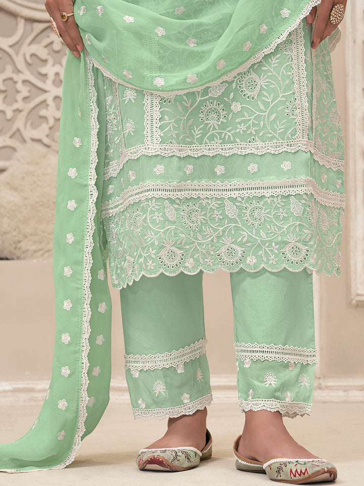 Mint Green Kurta Set in Organza Fabric with Schiffli Work - qivii