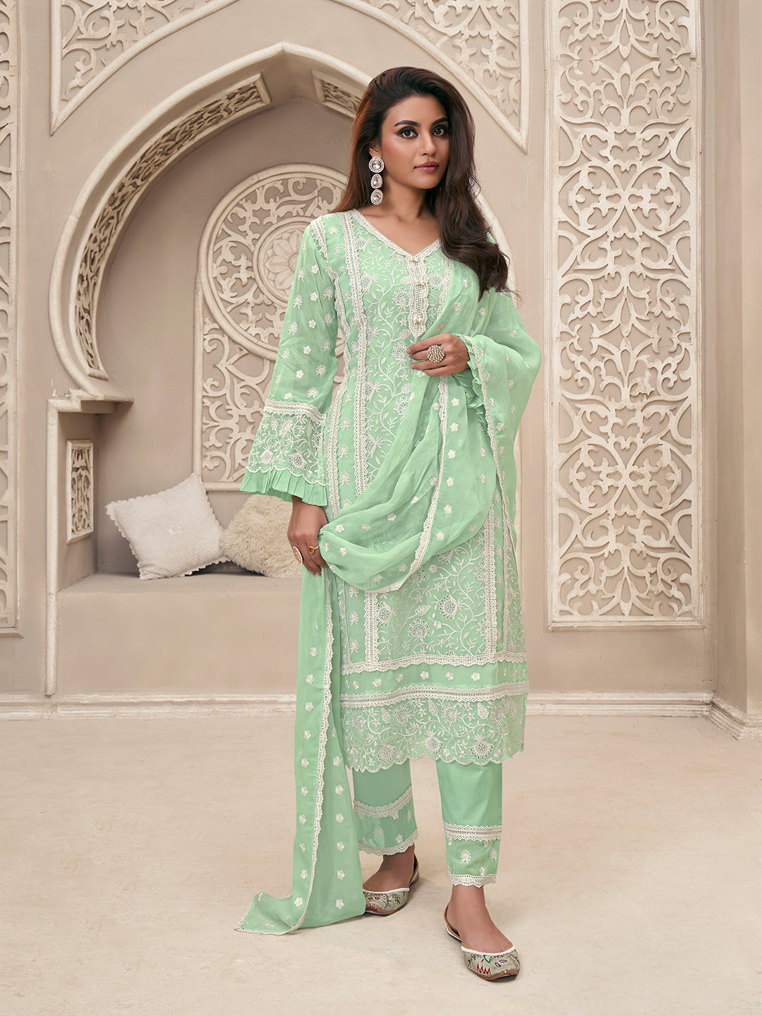 Mint Green Kurta Set in Organza Fabric with Schiffli Work - qivii