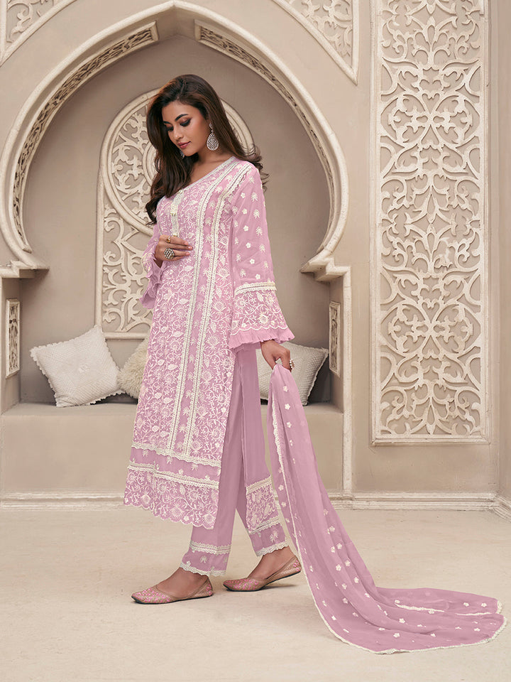 Light Lavender Kurta Set in Organza Fabric with Schiffli Work - qivii
