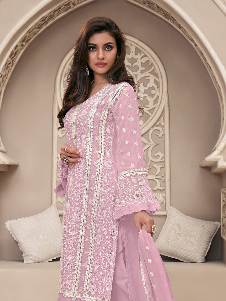 Light Lavender Kurta Set in Organza Fabric with Schiffli Work - qivii