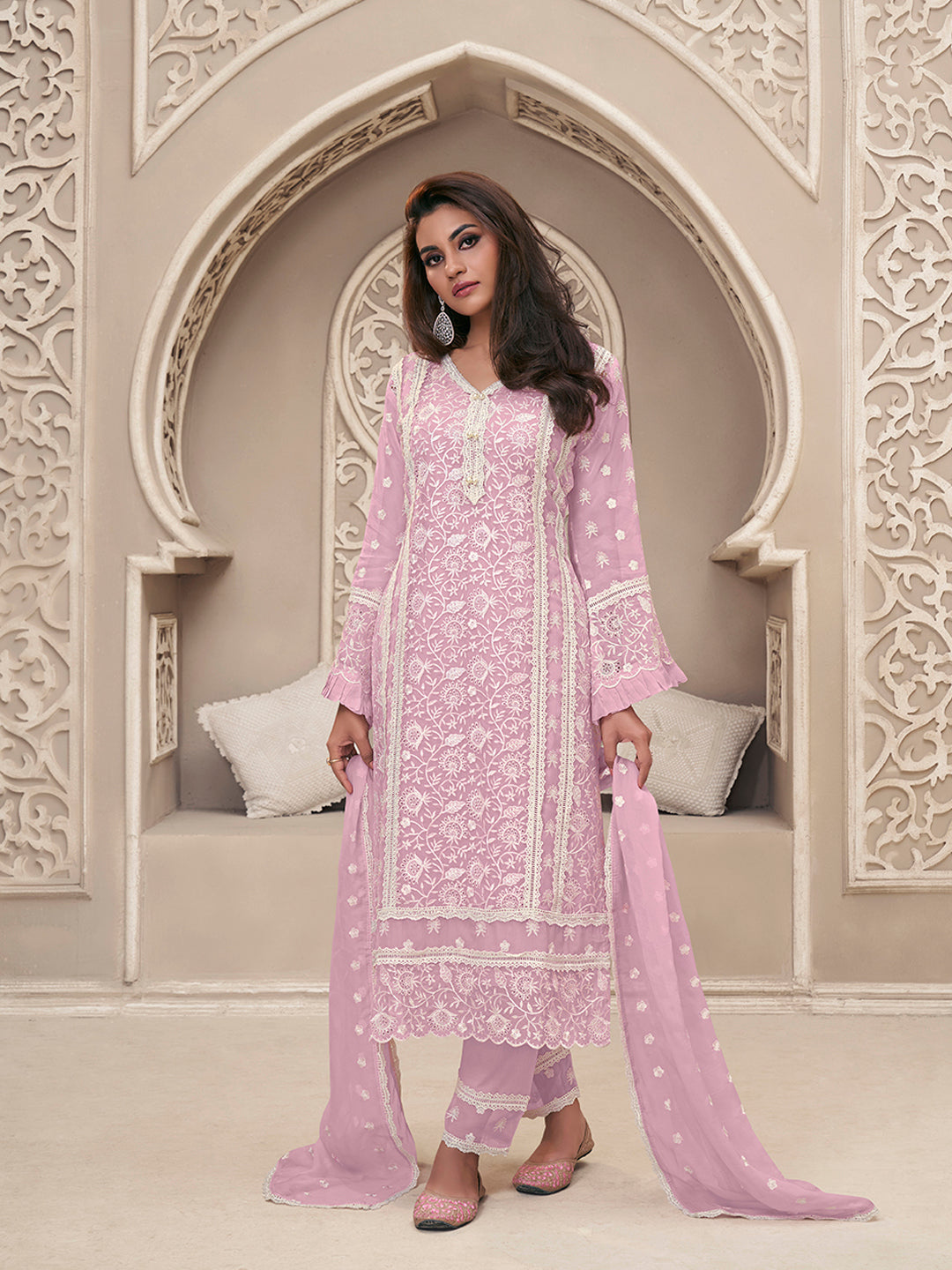 Light Lavender Kurta Set in Organza Fabric with Schiffli Work - qivii