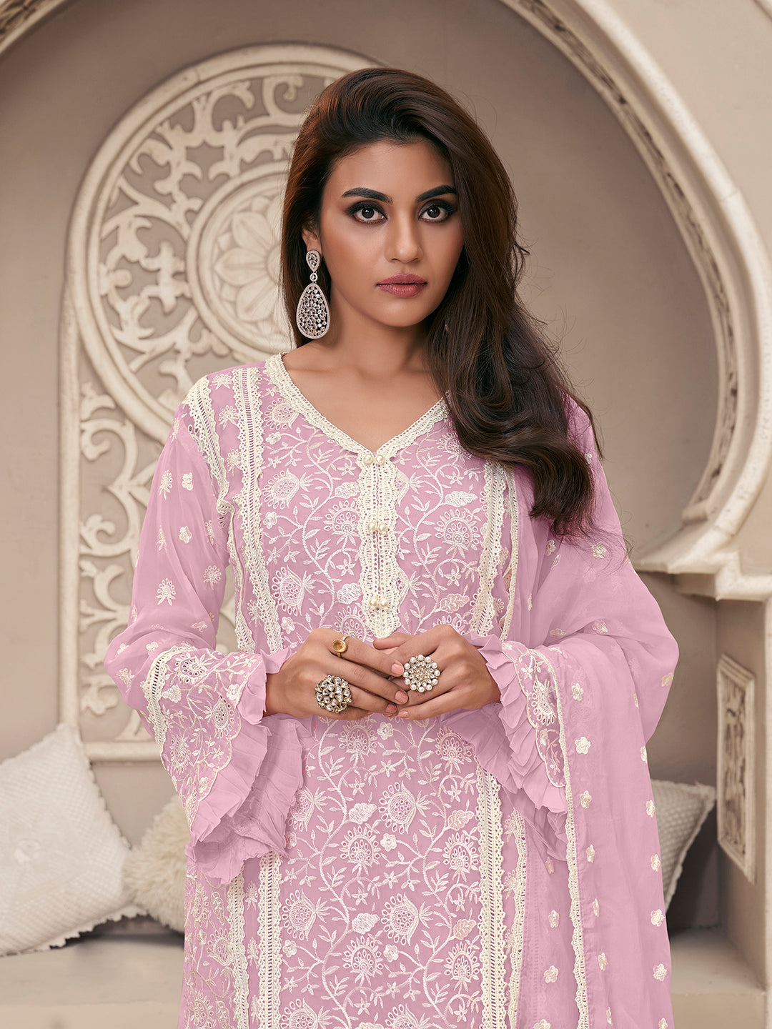 Light Lavender Kurta Set in Organza Fabric with Schiffli Work - qivii