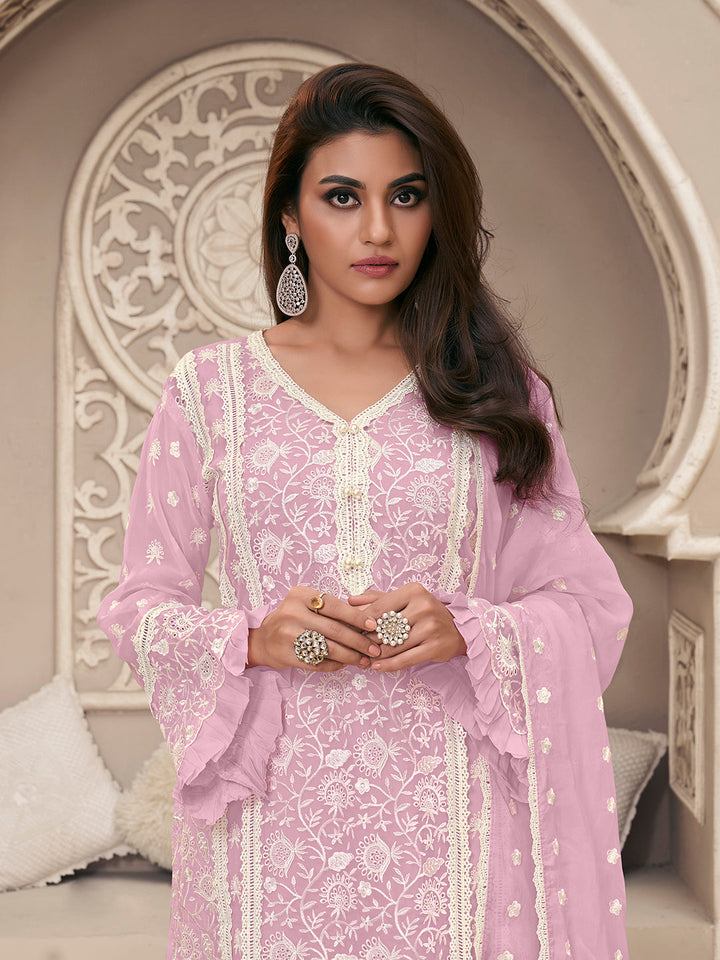 Light Lavender Kurta Set in Organza Fabric with Schiffli Work - qivii