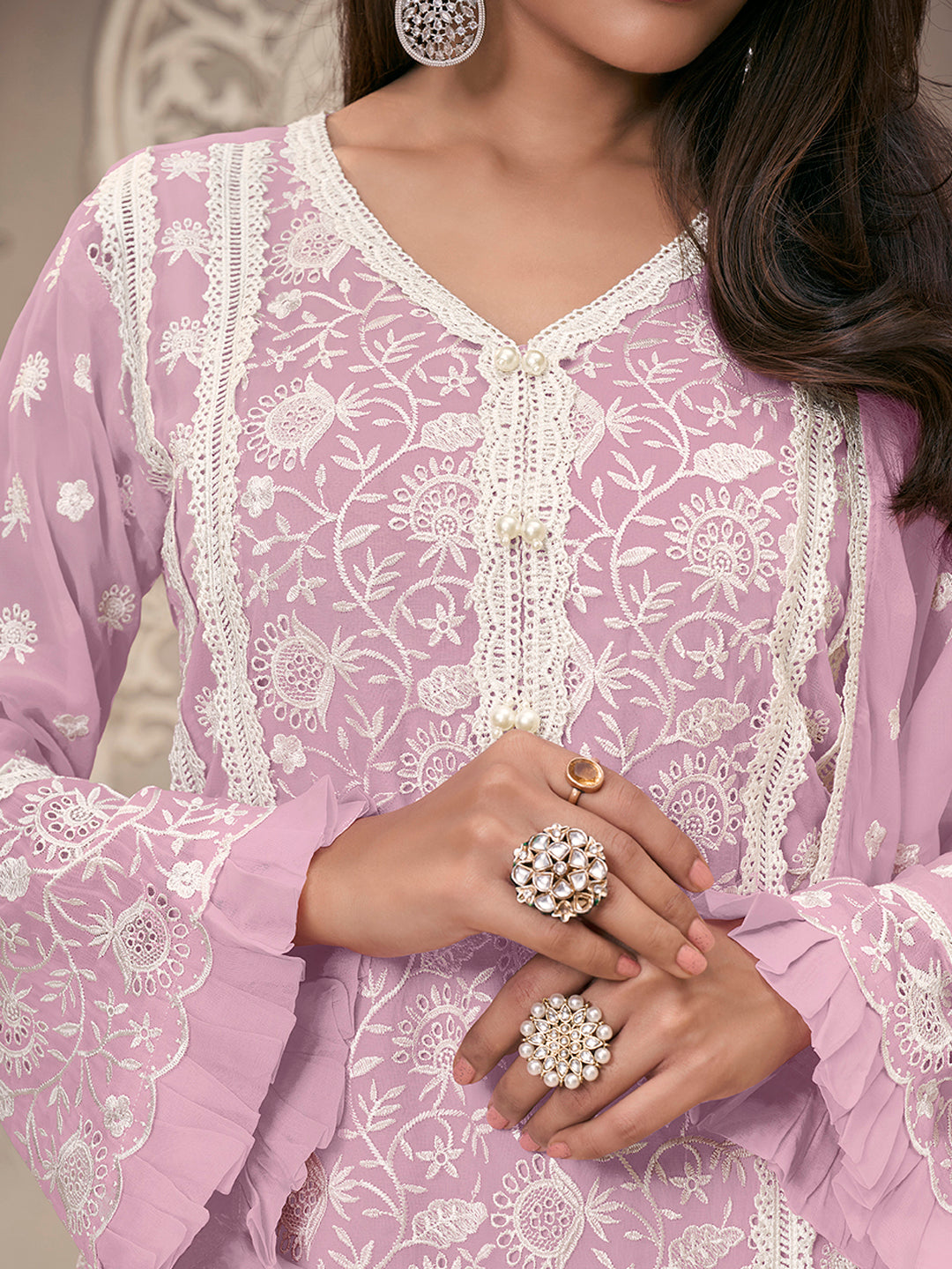 Light Lavender Kurta Set in Organza Fabric with Schiffli Work - qivii