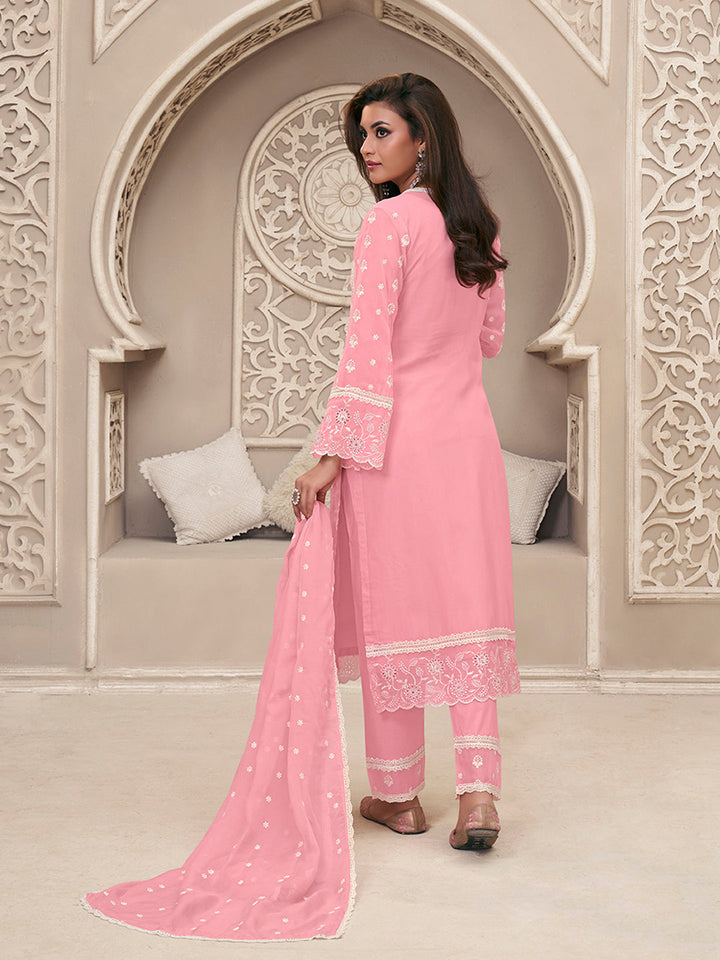Pink Organza Fabric with Schiffli work Kurta Suit Set - qivii