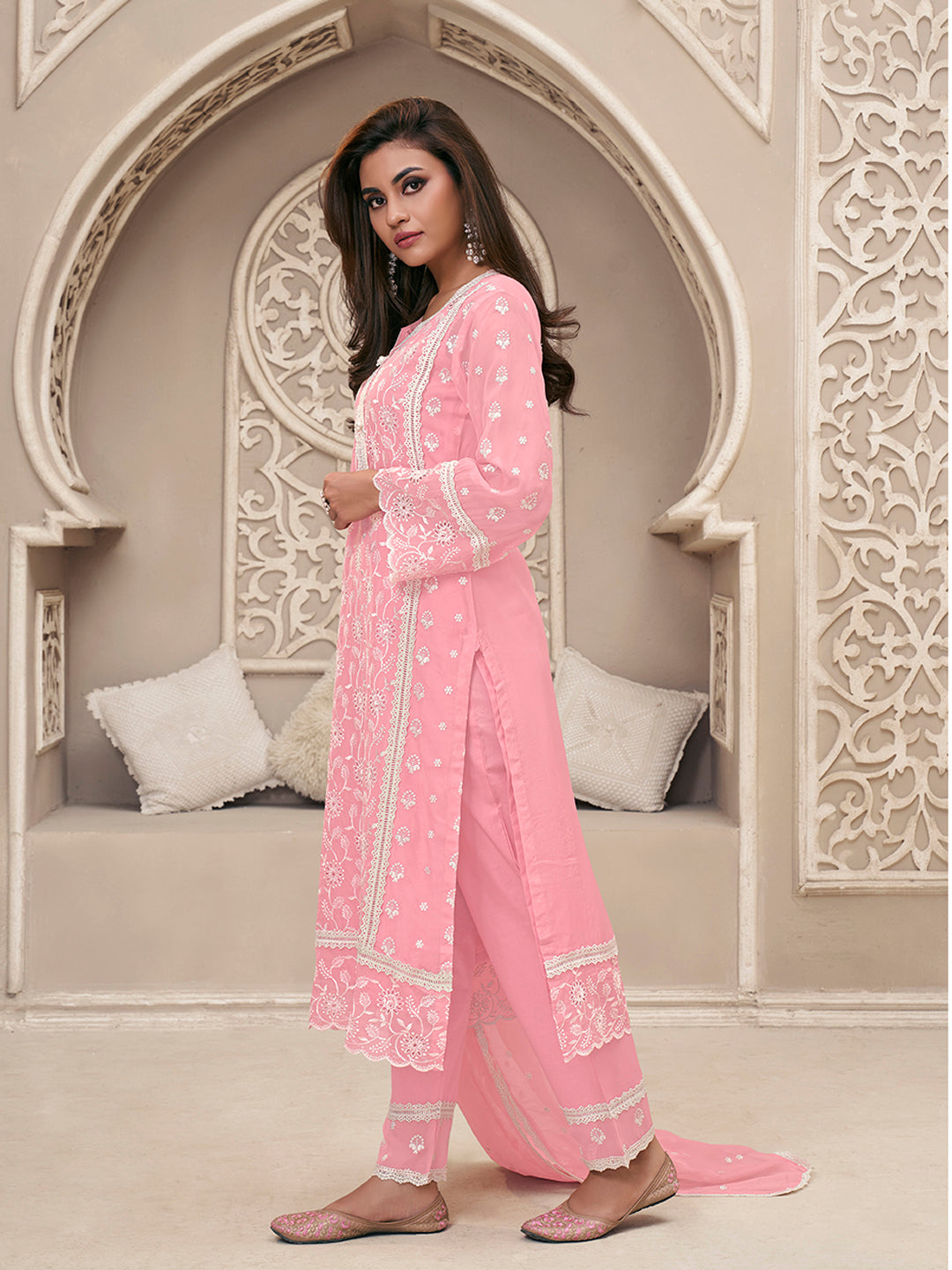 Pink Organza Fabric with Schiffli work Kurta Suit Set - qivii