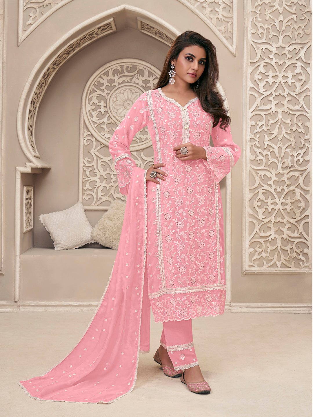 Pink Organza Fabric with Schiffli work Kurta Suit Set - qivii