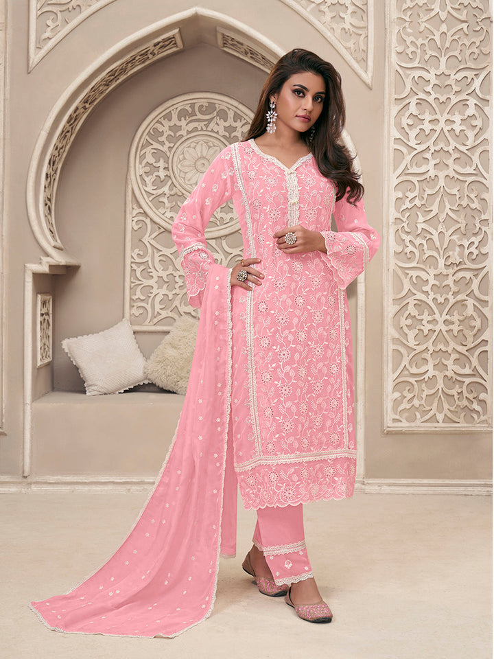 Pink Organza Fabric with Schiffli work Kurta Suit Set - qivii