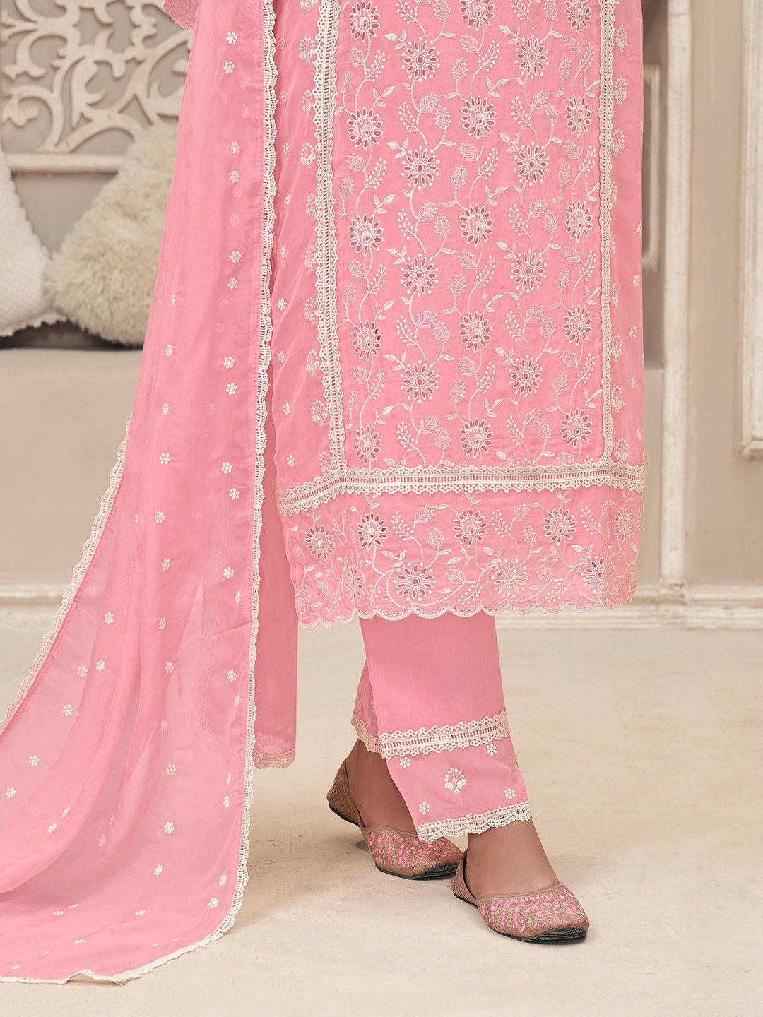 Pink Organza Fabric with Schiffli work Kurta Suit Set - qivii