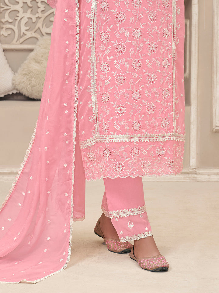 Pink Organza Fabric with Schiffli work Kurta Suit Set - qivii