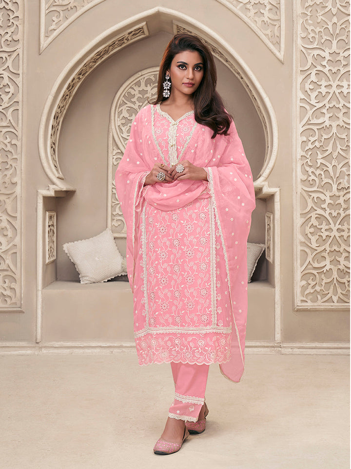 Pink Organza Fabric with Schiffli work Kurta Suit Set - qivii