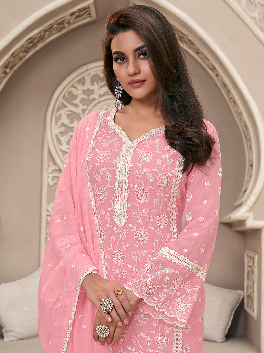 Pink Organza Fabric with Schiffli work Kurta Suit Set - qivii