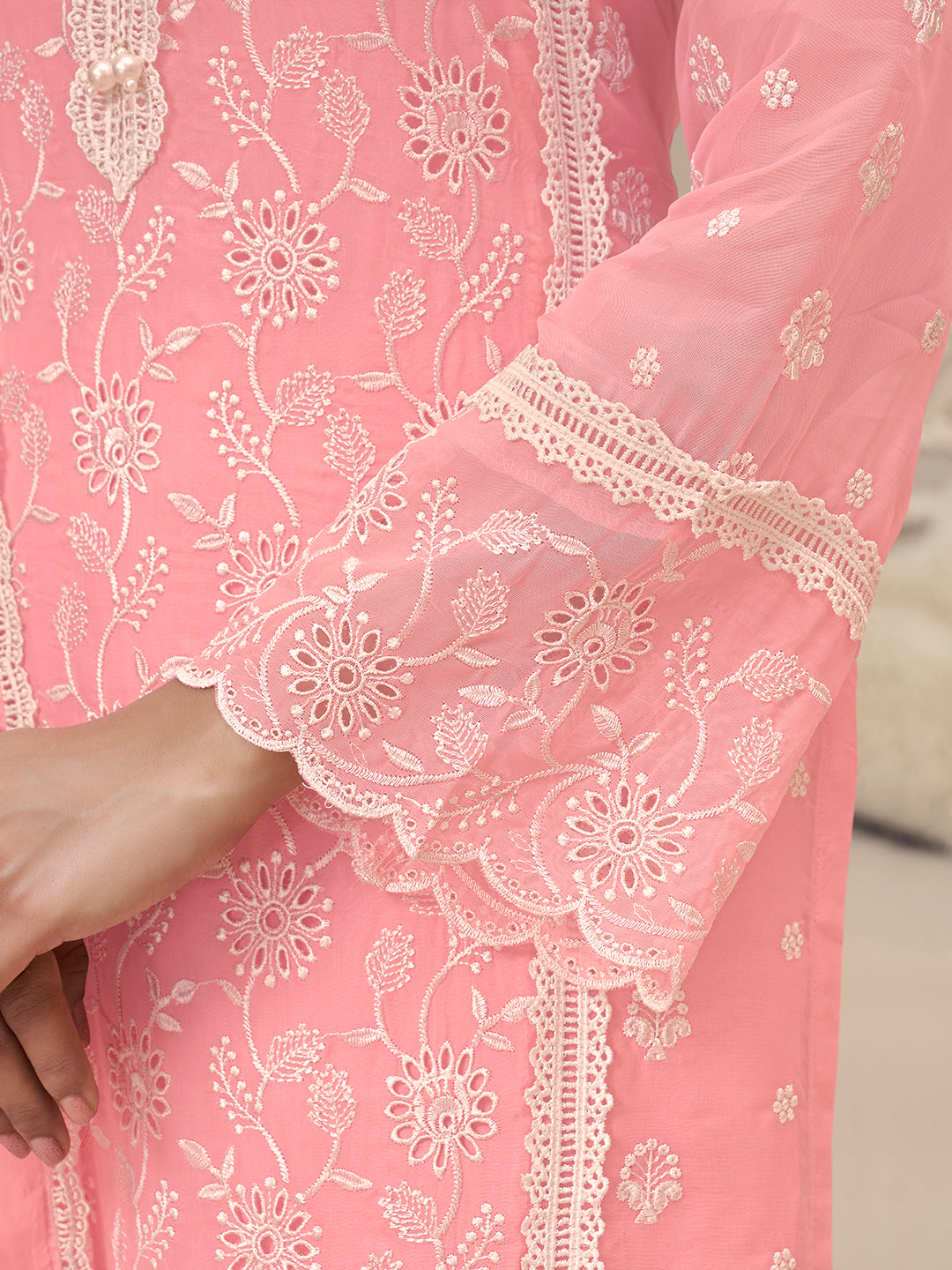 Pink Organza Fabric with Schiffli work Kurta Suit Set - qivii