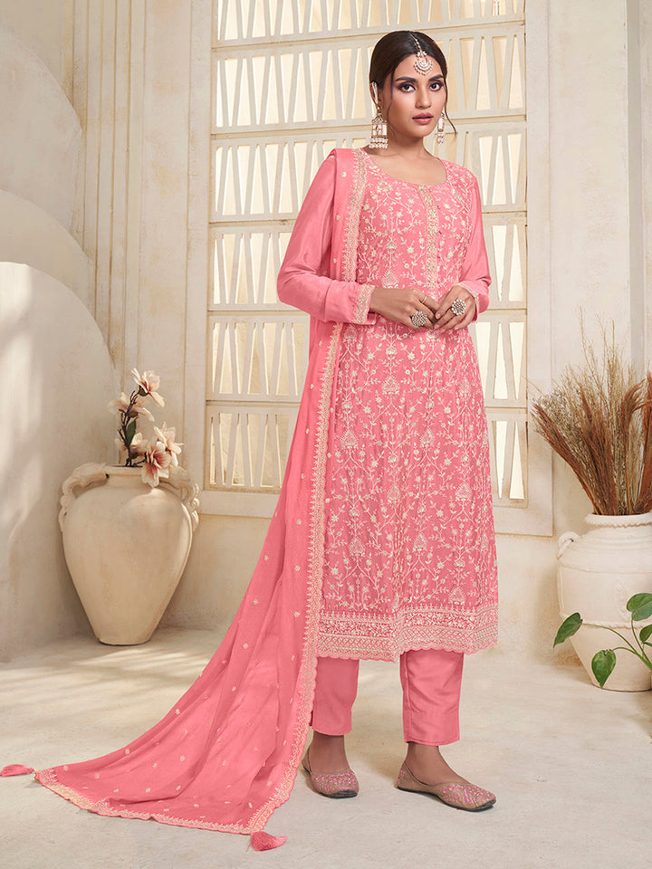 Peach White Thread Embroidered Kurta Suit Set - qivii