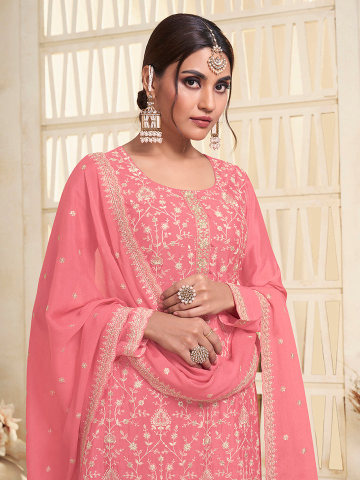 Peach White Thread Embroidered Kurta Suit Set - qivii