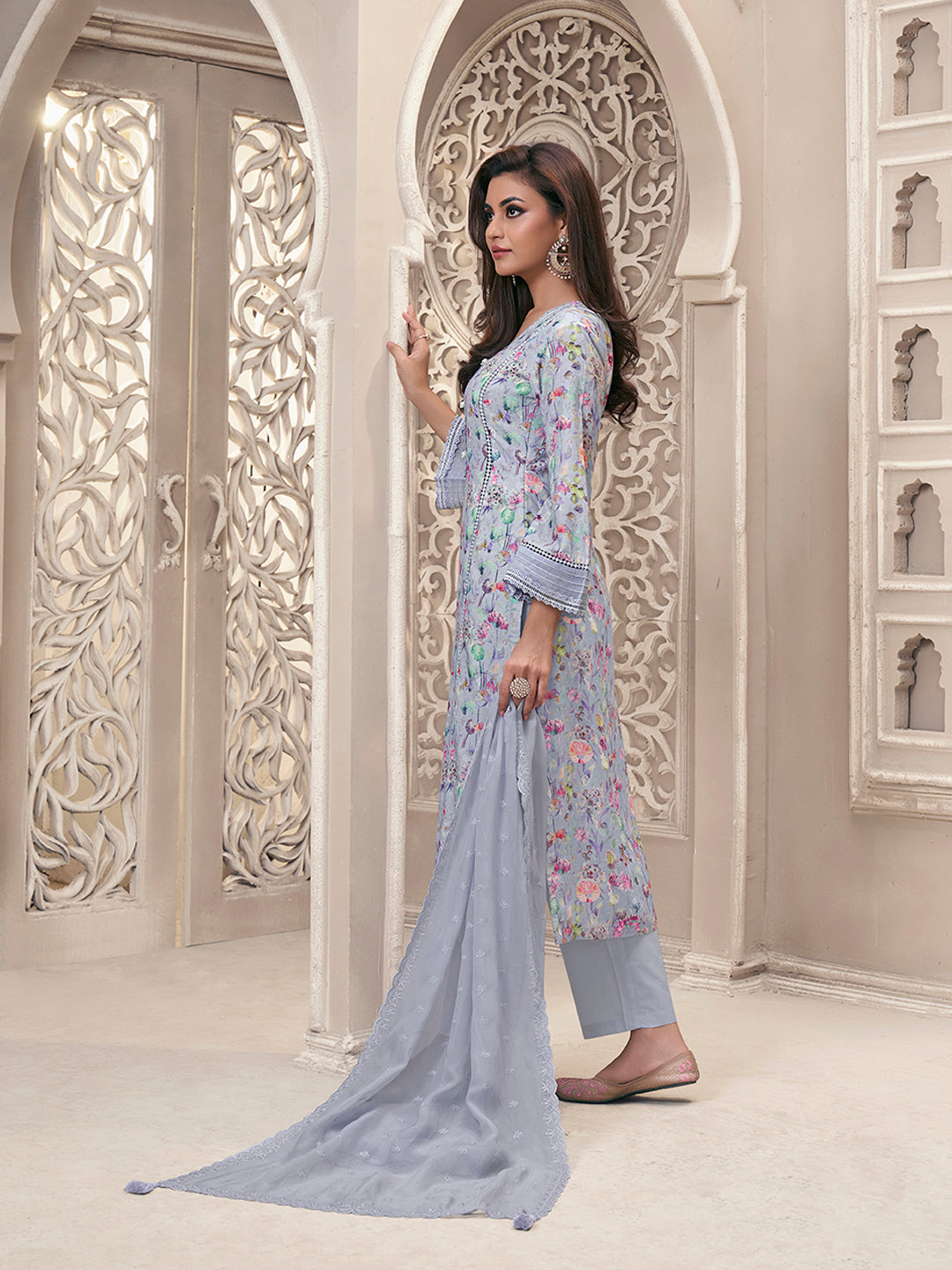 Lavender Linen Fabric with Floral Printed and Schiffli work Kurta Suit Set - qivii