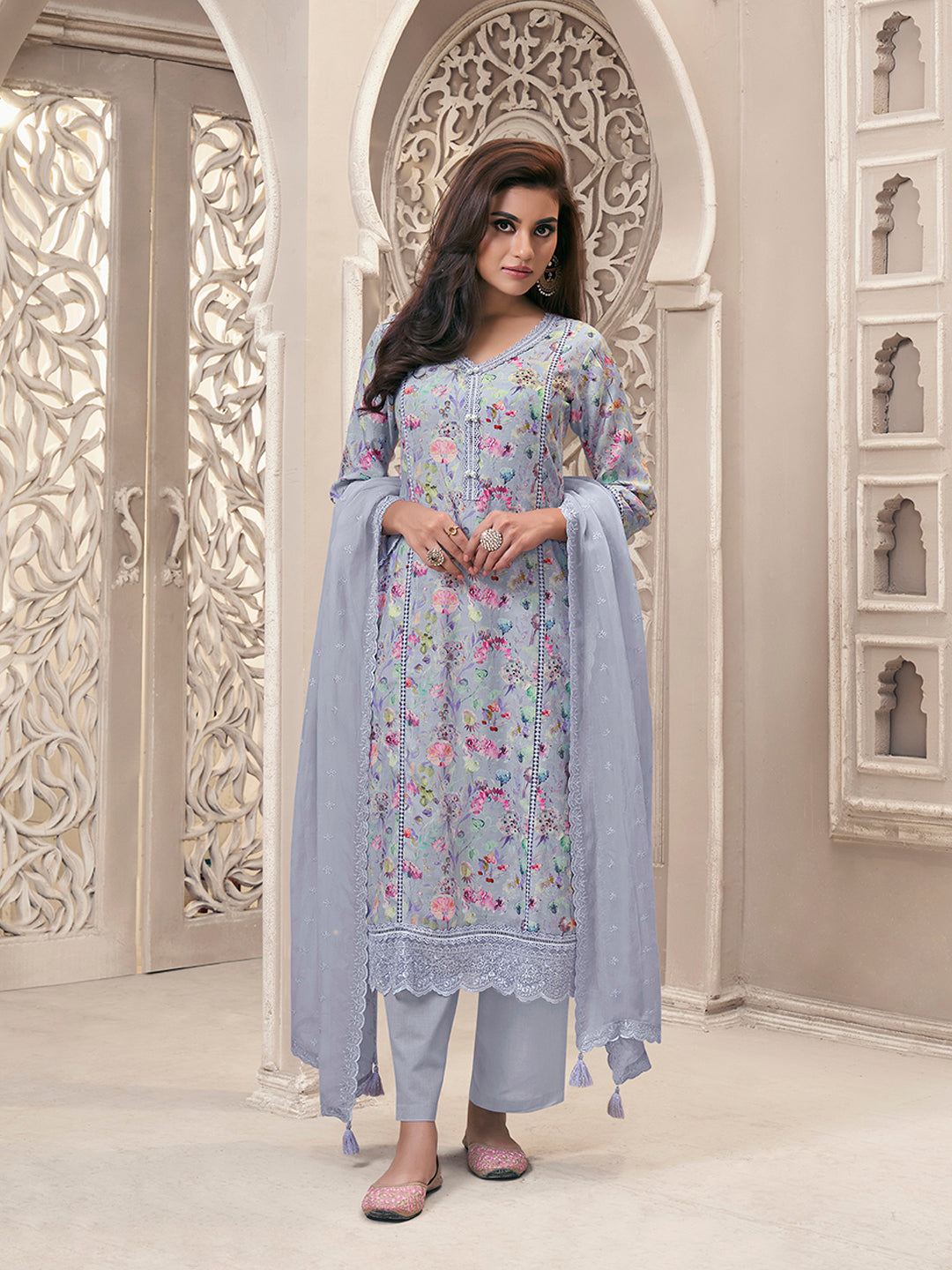 Lavender Linen Fabric with Floral Printed and Schiffli work Kurta Suit Set - qivii