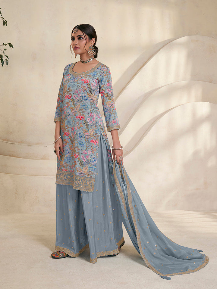 Light Blue Printed Sharara Suit Set in Chinon Digital Floral - qivii