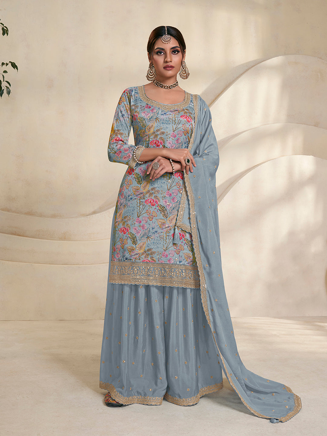 Light Blue Printed Sharara Suit Set in Chinon Digital Floral - qivii