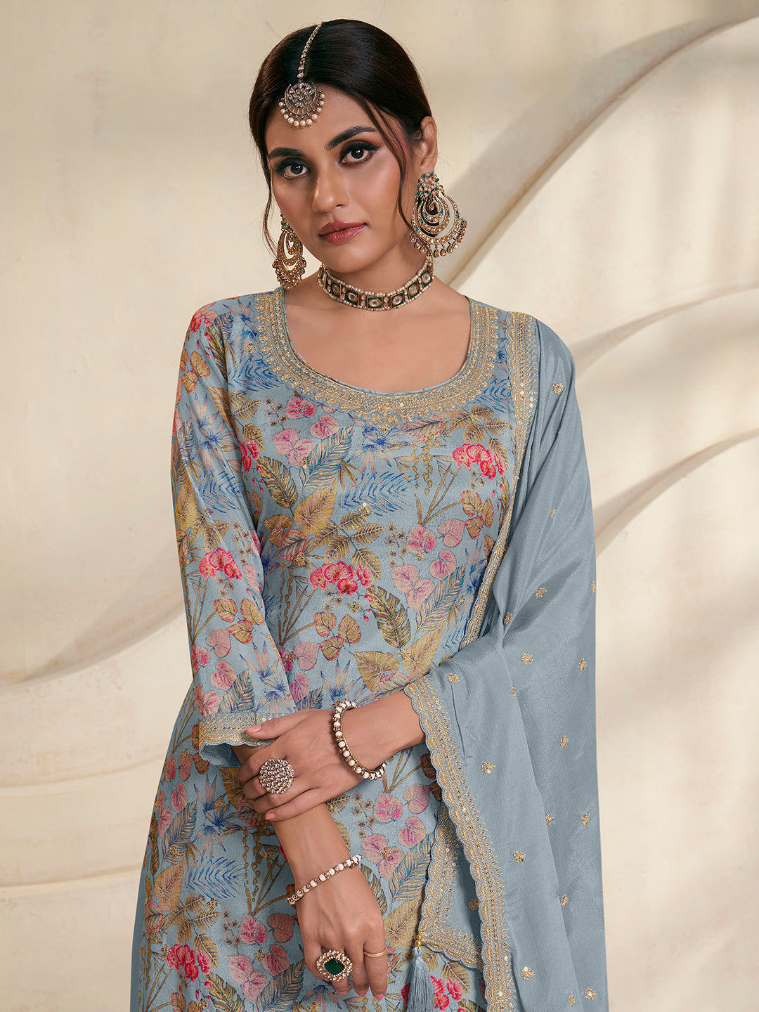 Light Blue Printed Sharara Suit Set in Chinon Digital Floral - qivii